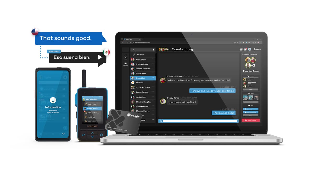Cover image for a blog on enterprise-wide collaboration featuring the Walt smart radio, mobile app, desktop console, and NPC badge, all of which make up the Walt Smart Radio System. In this image, Walt is shown performing real-time translation and transcription through AI.