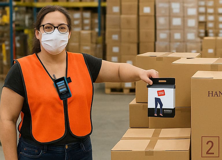 Hanes frontline worker wearing a Walt Smart Radio