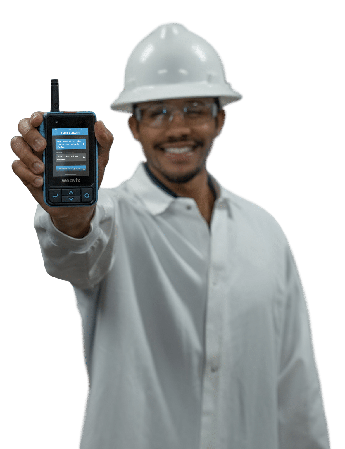 Chemical frontline worker holding a Walt Smart Radio