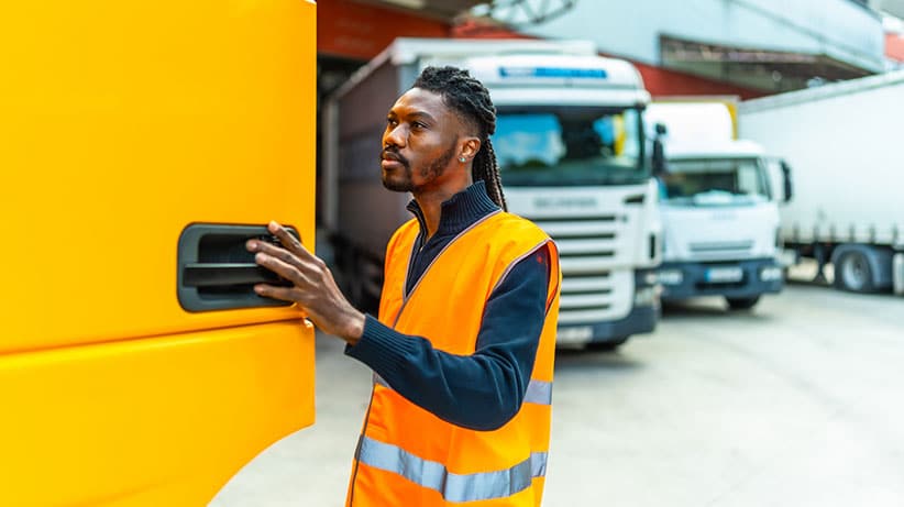 Truck driver opening the door