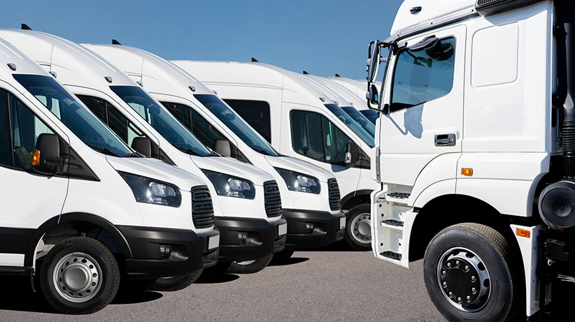 A fleet of white vans and a truck
