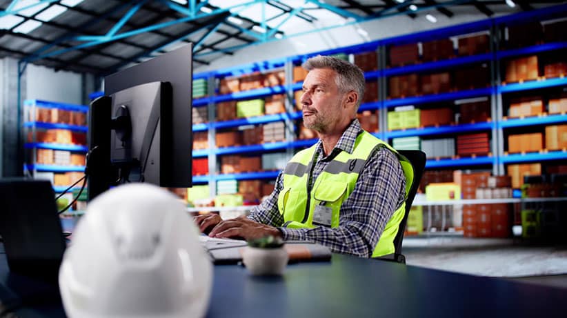 Warehouse manager looking at a monitor