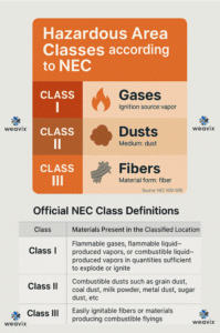 NEC diagram by weavix explaining difference between Class 1 Division 1 and Class 1 Div 2