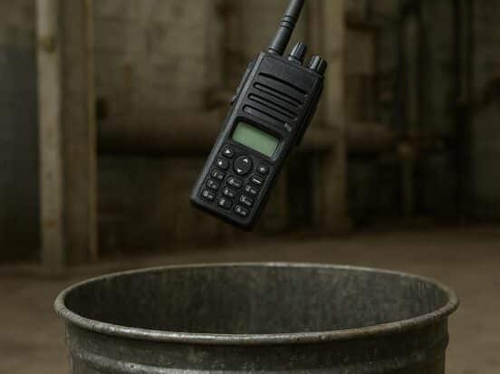 Two-way radio being thrown in the trash