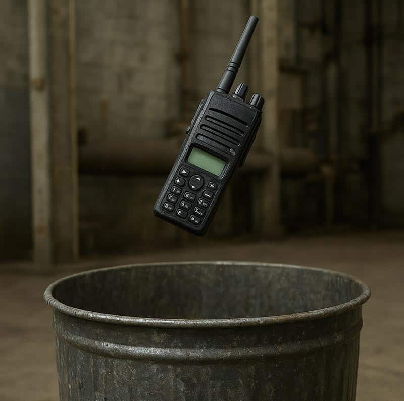 Two-way radio being thrown in the trash