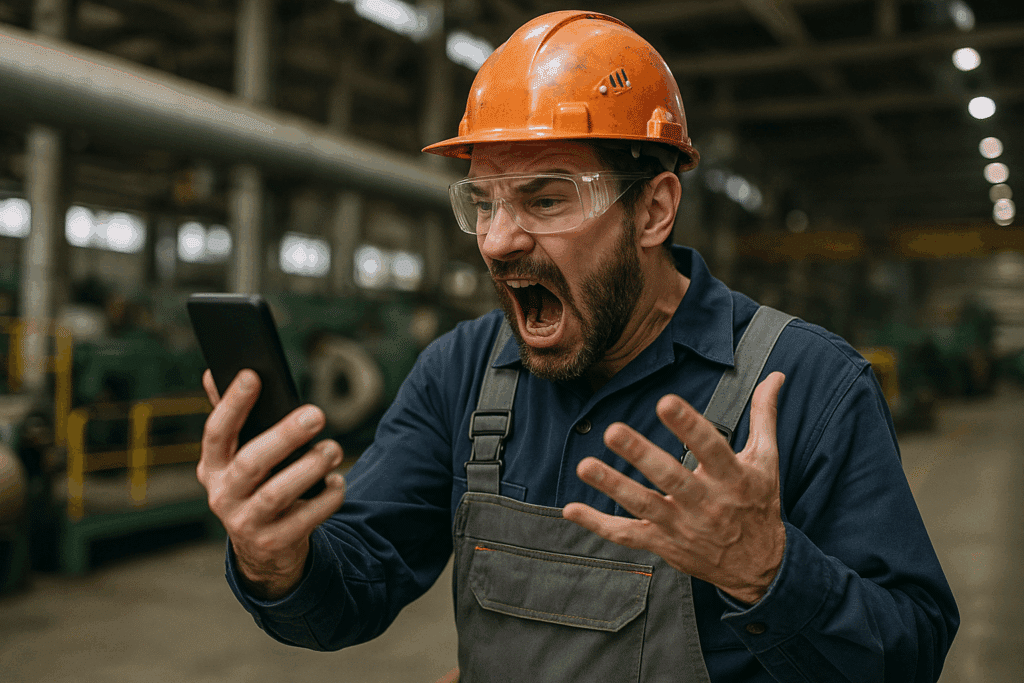 unhappy frontline worker using a phone