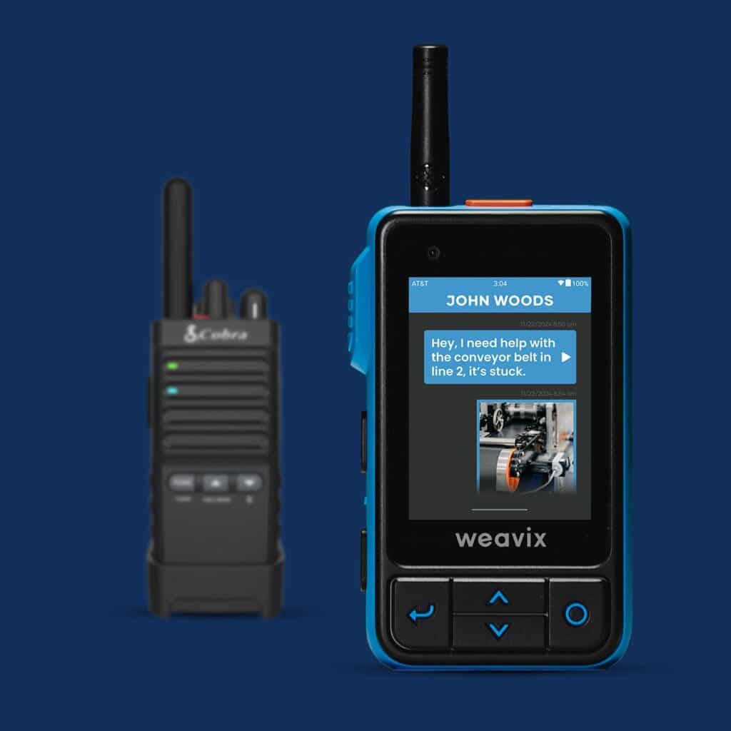 Weavix Walt Smart Radio and Cobra PX650 shown side by side for Two-Way and Smart Radio System Comparisons