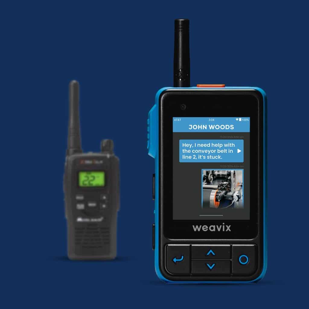 Two-Way Radio Comparison showing Weavix Walt Smart Radio and Midland GXT5000 side by side.