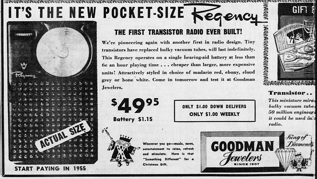 Newspaper Advertising For The Regency TR-1 Transistor Radio, The San Bernardino County Sun, December 19, 1954
