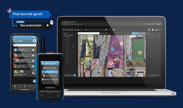 The weavix platform showing the Walt Smart Radio, weavix phone app, and weavix web console.