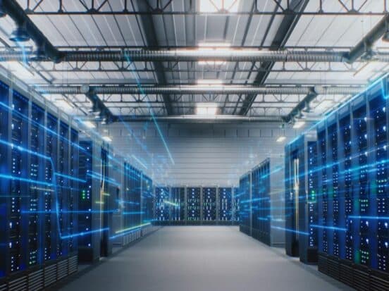 Modern Data Technology Center with Server Racks in Big Storage.