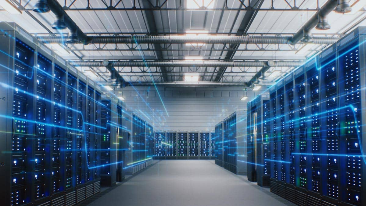 Modern Data Technology Center with Server Racks in Big Storage.