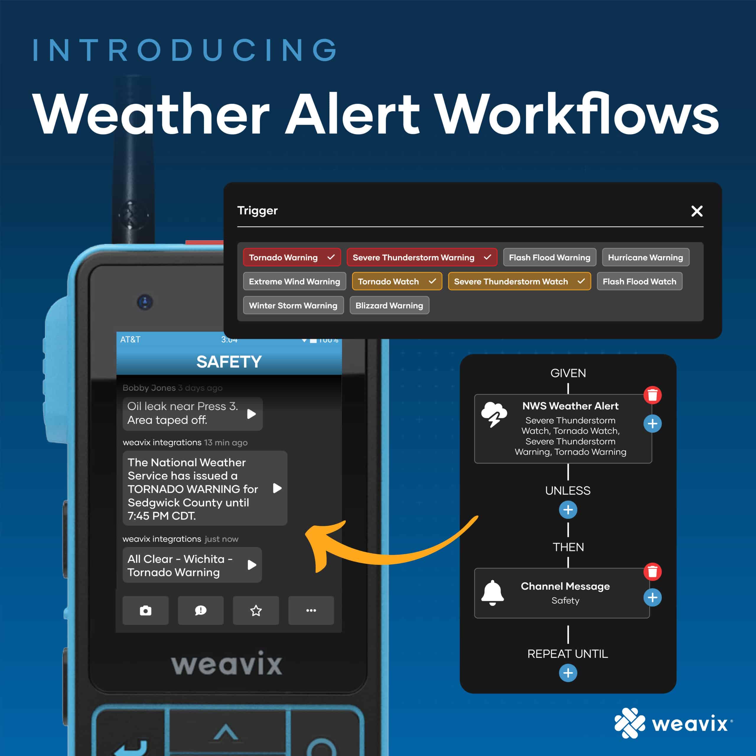 weavix Weather Alert workflow trigger options for NWS Warnings and Watches, and a tornado warning on a Walt smart radio