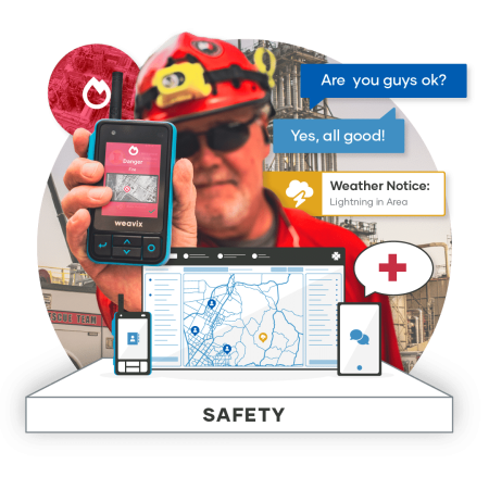 Frontline worker holding a walt smart radio with a fire alert notification to show the safety feature
