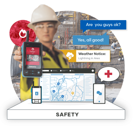 Construction worker holding a walt smart radio with a fire notification alert