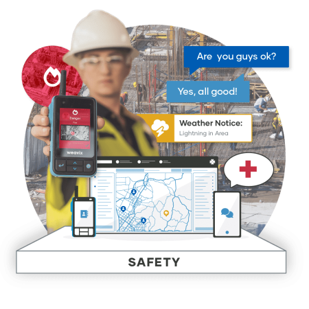 Construction worker holding a walt smart radio with a fire notification alert